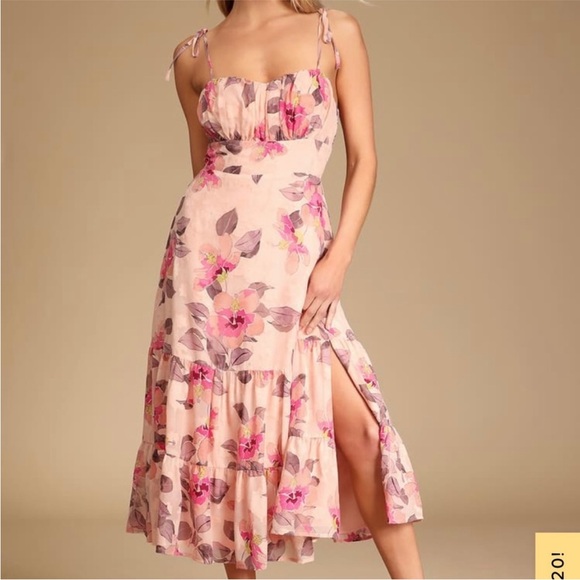 Lulu’s Tea Party Chic Pink Floral Print Tie-Strap Tiered Midi Dress - Picture 1 of 16